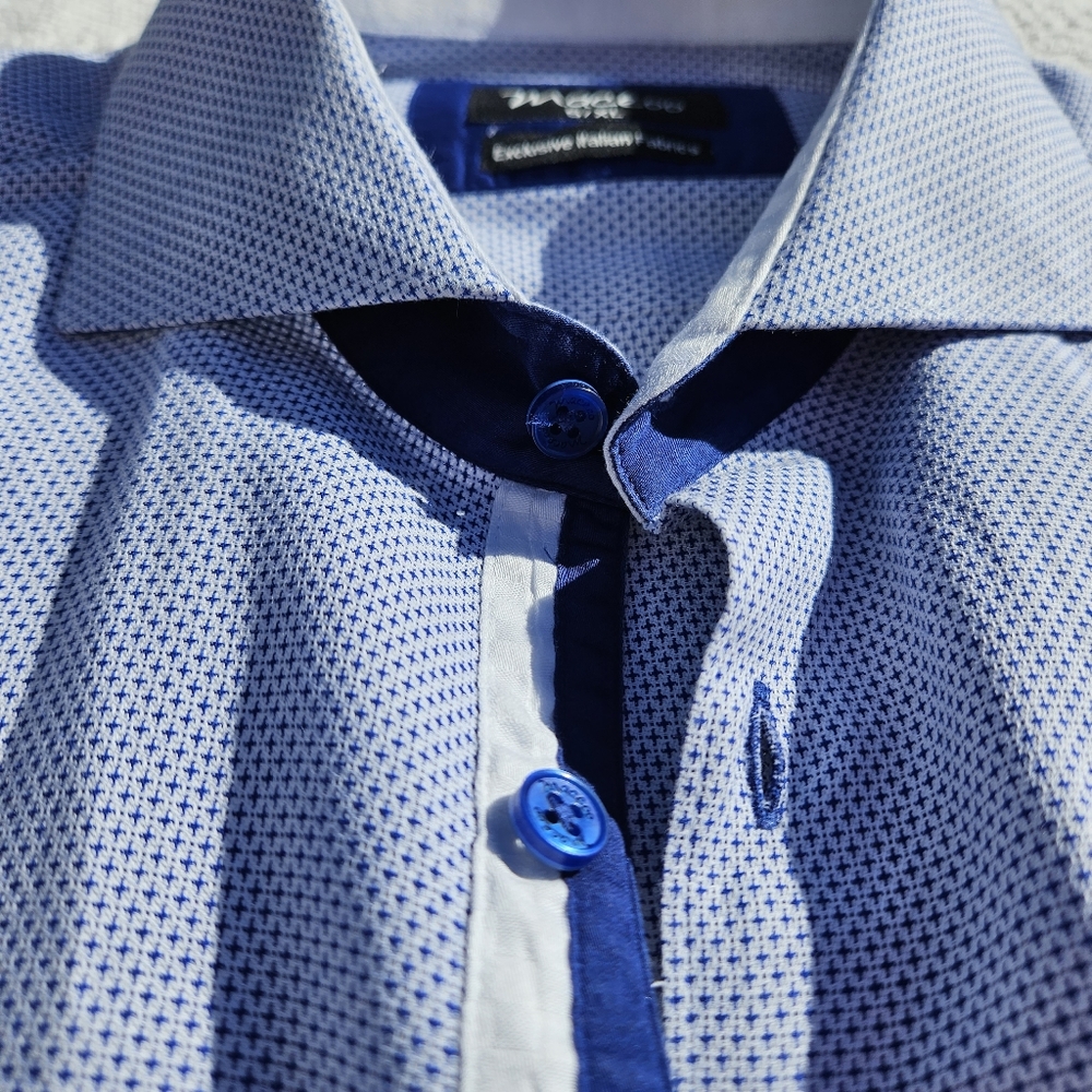 Maceoo XL Long Sleeve Dress Shirt Italian Button-Down Blue White Top 100% Cotton - Picture 6 of 16